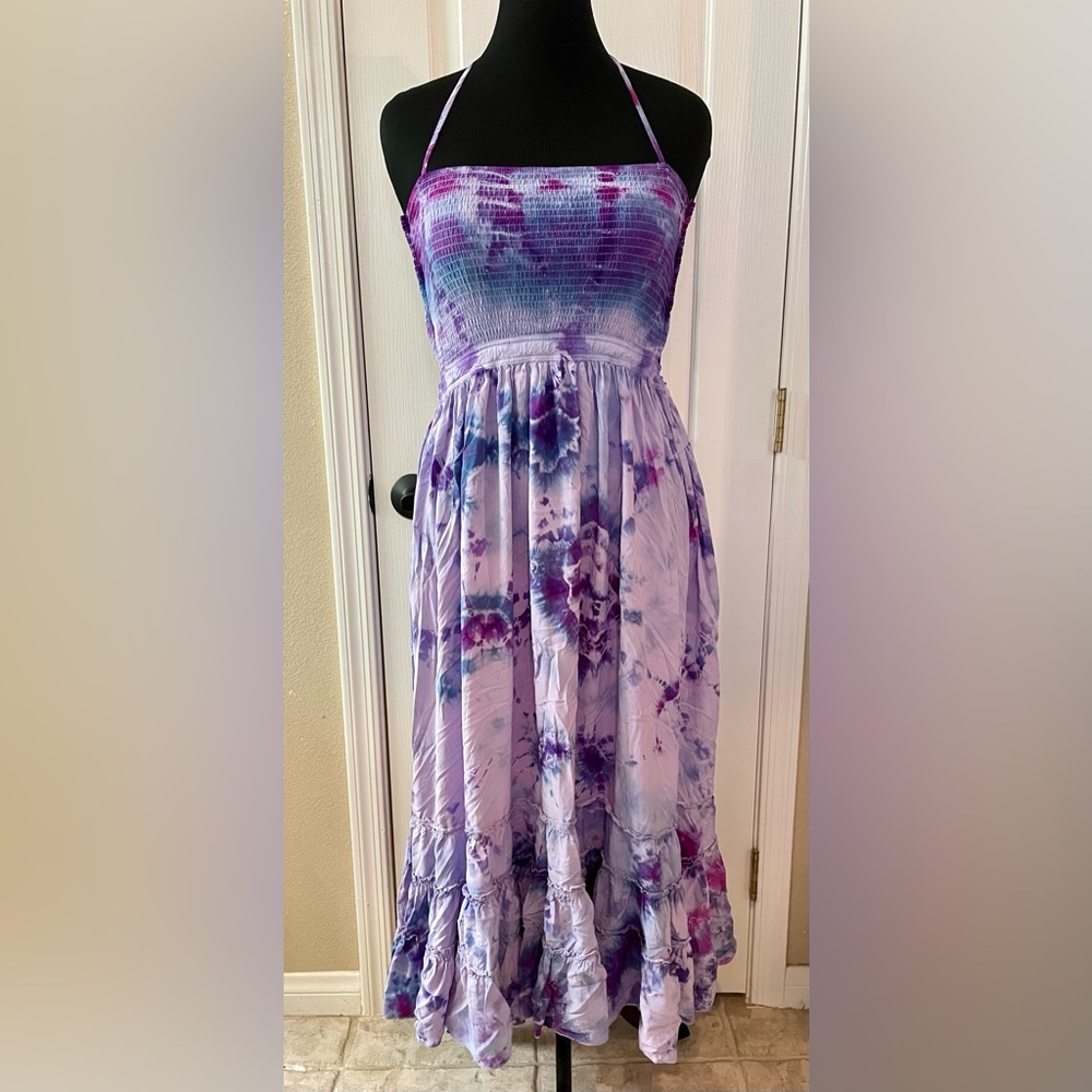 Handmade Tie Dye Ice Dye smocked dress purples & pinks size L - flowy & feminine